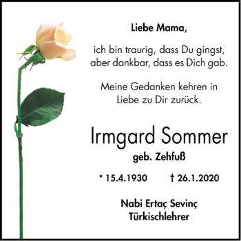Traueranzeige von Irmgard Sommer von Bergsträßer Anzeiger