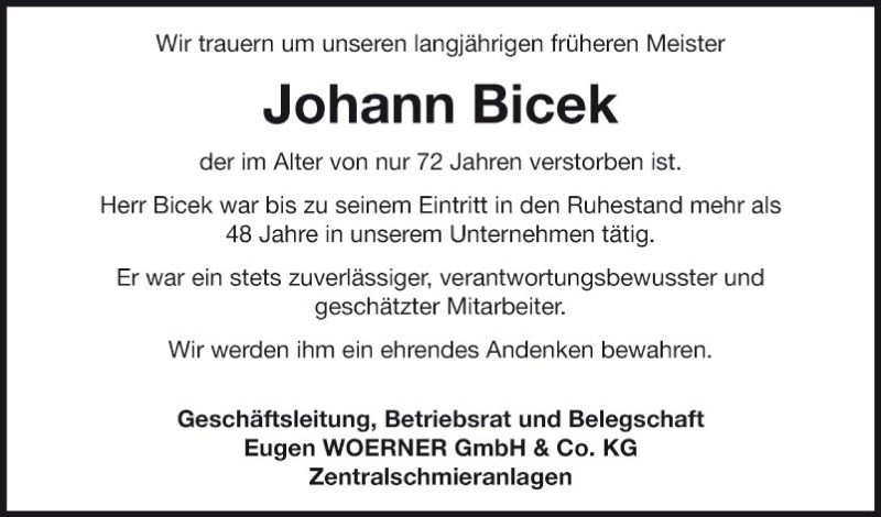  Traueranzeige für Johann Bicek vom 28.01.2020 aus Fränkische Nachrichten