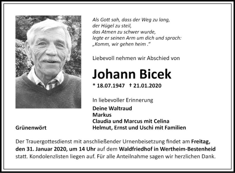  Traueranzeige für Johann Bicek vom 25.01.2020 aus Fränkische Nachrichten