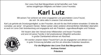 Traueranzeige von Karl Lutz von Fränkische Nachrichten