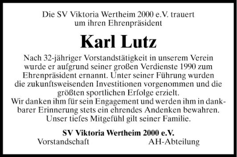  Traueranzeige für Karl Lutz vom 04.01.2020 aus Fränkische Nachrichten