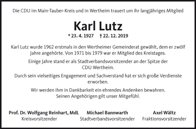  Traueranzeige für Karl Lutz vom 03.01.2020 aus Fränkische Nachrichten