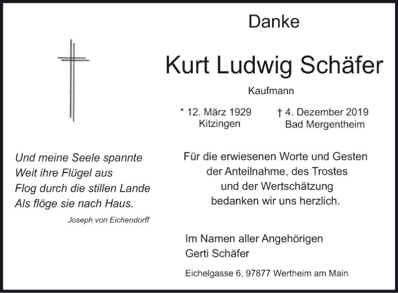  Traueranzeige für Kurt Ludwig Schäfer vom 11.01.2020 aus Fränkische Nachrichten