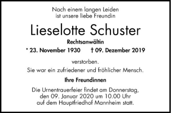 Traueranzeige von Lieselotte Schuster von Mannheimer Morgen