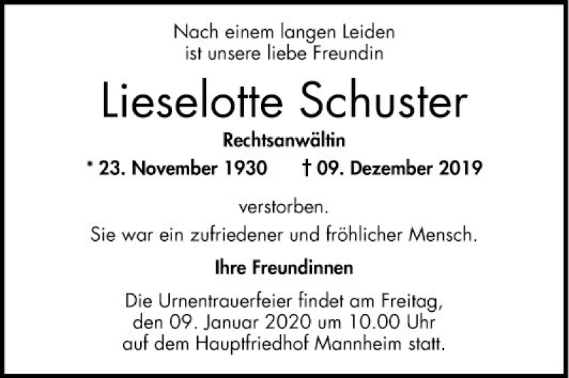  Traueranzeige für Lieselotte Schuster vom 04.01.2020 aus Mannheimer Morgen