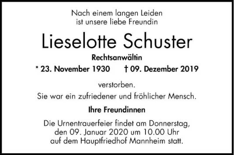  Traueranzeige für Lieselotte Schuster vom 07.01.2020 aus Mannheimer Morgen