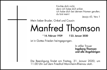 Traueranzeige von Manfred Thomson von Mannheimer Morgen