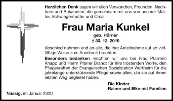 Traueranzeige von Maria Kunkel von Fränkische Nachrichten
