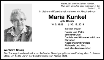 Traueranzeige von Maria Kunkel von Fränkische Nachrichten