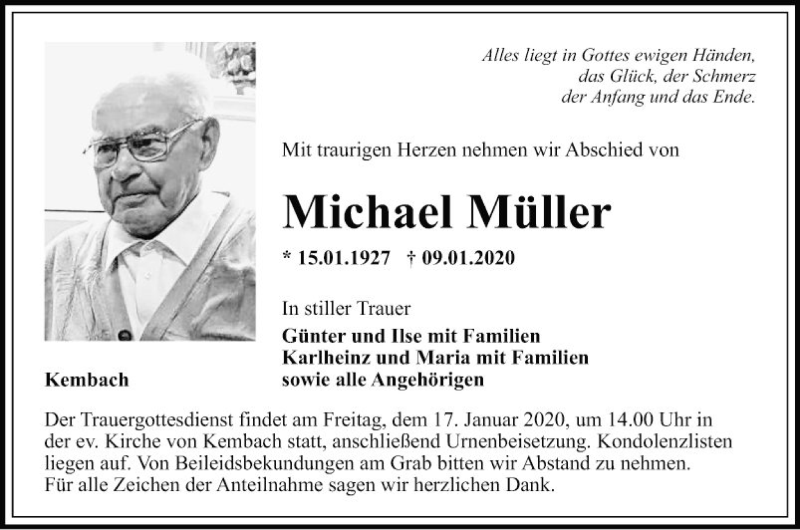  Traueranzeige für Michael Müller vom 15.01.2020 aus Fränkische Nachrichten