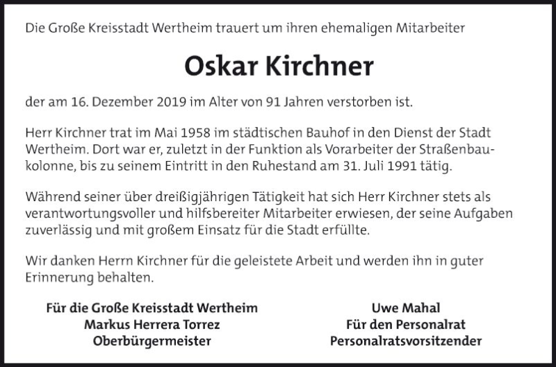  Traueranzeige für Oskar Kirchner vom 08.01.2020 aus Fränkische Nachrichten