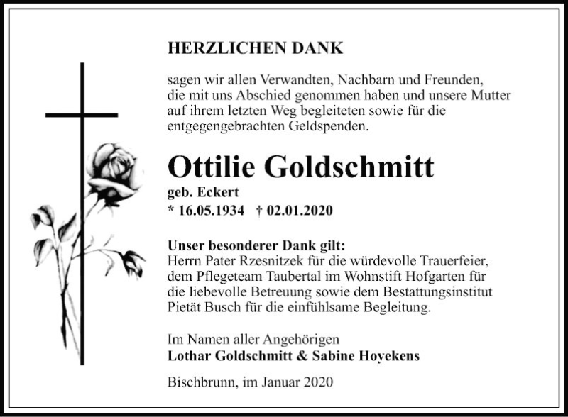  Traueranzeige für Ottilie Coldschmitt vom 21.01.2020 aus Fränkische Nachrichten