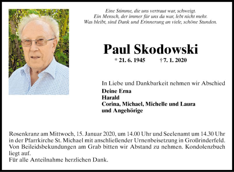  Traueranzeige für Paul Skodowski vom 11.01.2020 aus Fränkische Nachrichten