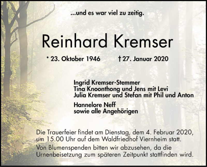  Traueranzeige für Reinhard Kremser vom 31.01.2020 aus Südhessen Morgen