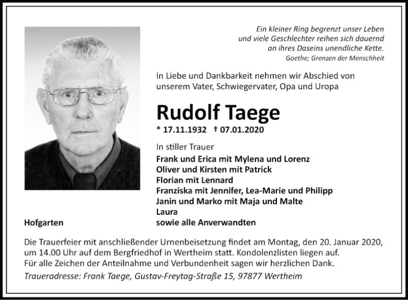  Traueranzeige für Rudolf Taege vom 16.01.2020 aus Fränkische Nachrichten