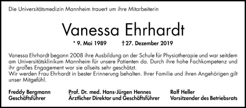  Traueranzeige für Vanessa Ehrhardt vom 11.01.2020 aus Mannheimer Morgen