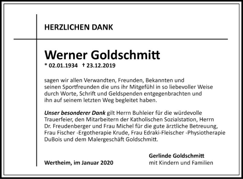  Traueranzeige für Werner Goldschmitt vom 18.01.2020 aus Fränkische Nachrichten
