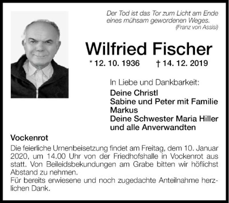  Traueranzeige für Wilfried Fischer vom 03.01.2020 aus Fränkische Nachrichten
