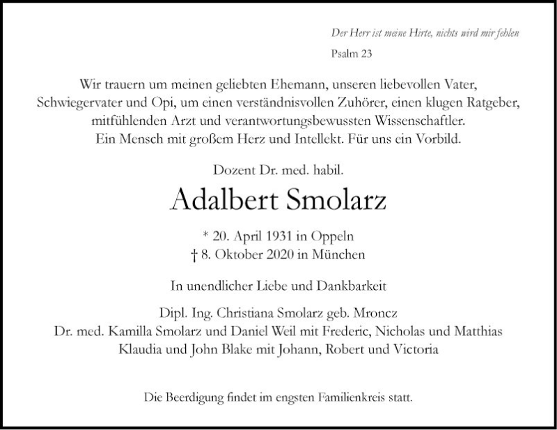  Traueranzeige für Adalbert Smolarz vom 17.10.2020 aus Mannheimer Morgen