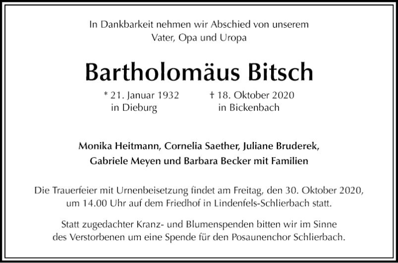  Traueranzeige für Bartholomäus Bitsch vom 28.10.2020 aus Bergsträßer Anzeiger