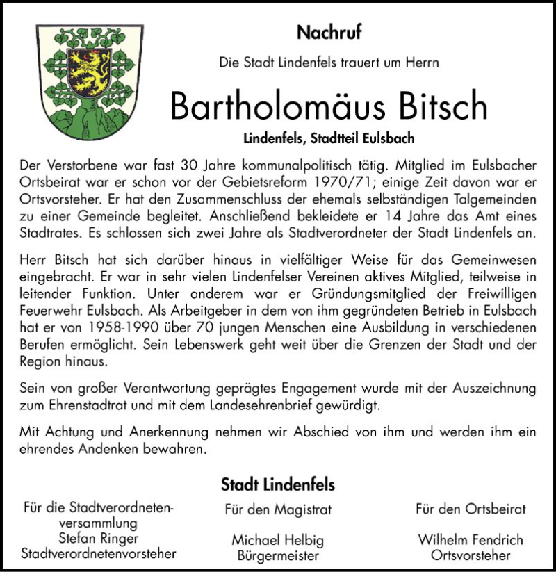  Traueranzeige für Bartholomäus Bitsch vom 29.10.2020 aus Bergsträßer Anzeiger