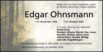 Traueranzeige von Edgar Ohnsmann von Mannheimer Morgen