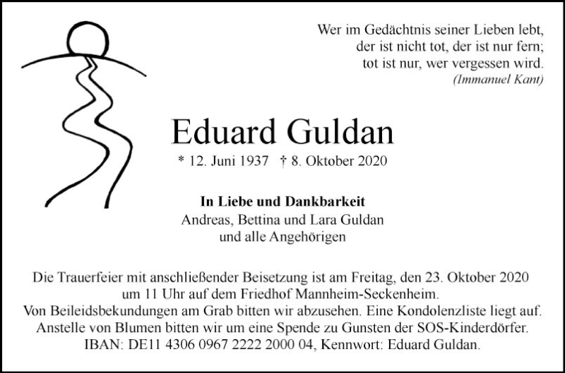  Traueranzeige für Eduard Guldan vom 17.10.2020 aus Mannheimer Morgen