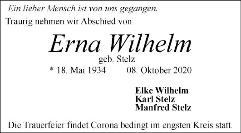  Traueranzeige für Erna Wilhelm vom 24.10.2020 aus Mannheimer Morgen