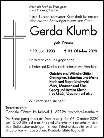 Traueranzeige von Gerda Klumb von Mannheimer Morgen