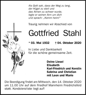 Traueranzeige von Gottfried Stahl von Mannheimer Morgen