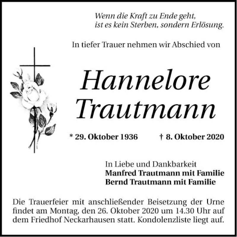  Traueranzeige für Hannelore Trautmann vom 24.10.2020 aus Mannheimer Morgen