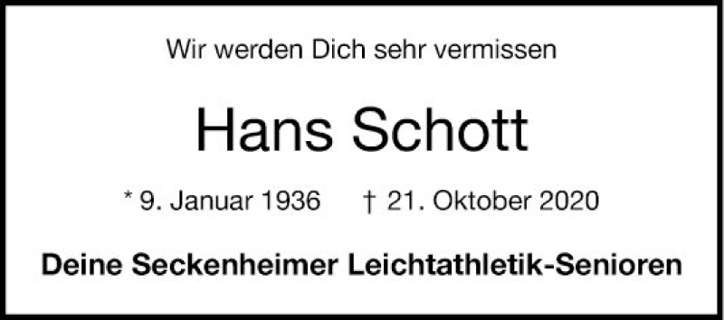  Traueranzeige für Hans Schott vom 31.10.2020 aus Mannheimer Morgen