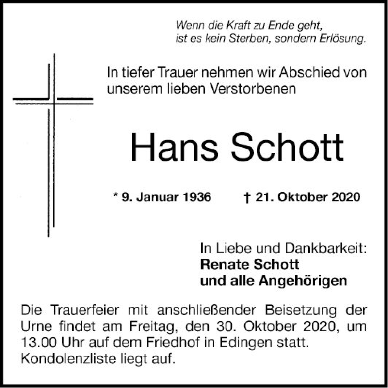  Traueranzeige für Hans Schott vom 27.10.2020 aus Mannheimer Morgen