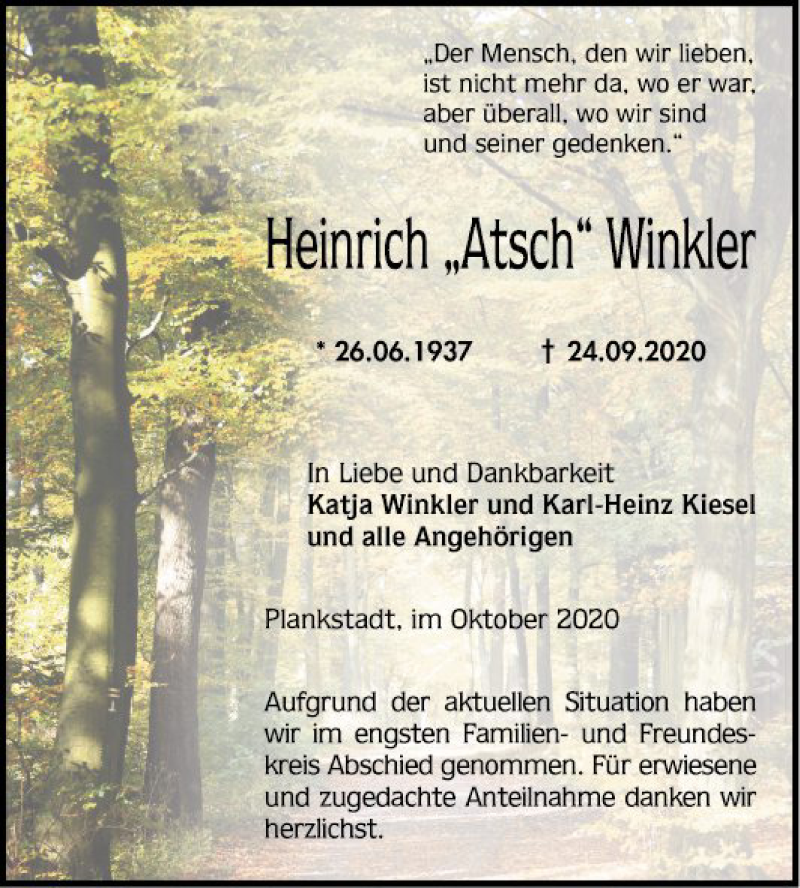  Traueranzeige für Heinrich Winkler vom 17.10.2020 aus Schwetzinger Zeitung