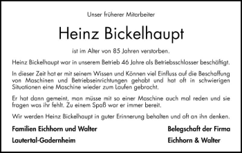 Traueranzeige von Heinz Bickelhaupt von Bergsträßer Anzeiger