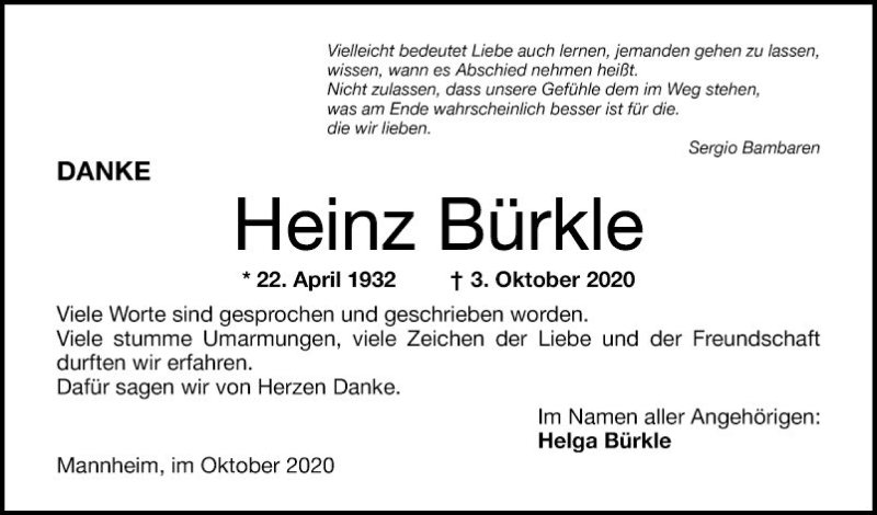  Traueranzeige für Heinz Bürkle vom 31.10.2020 aus Mannheimer Morgen