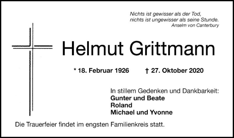  Traueranzeige für Helmut Grittmann vom 31.10.2020 aus Mannheimer Morgen