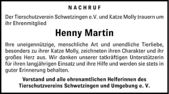 Traueranzeige von Henny Martin von Schwetzinger Zeitung