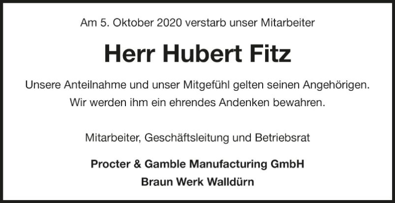  Traueranzeige für Hubert Fitz vom 10.10.2020 aus Fränkische Nachrichten