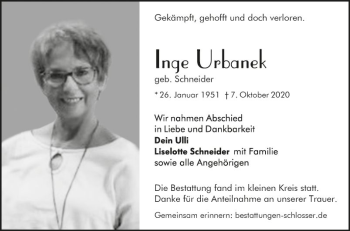 Traueranzeige von Inge Urbanek von Mannheimer Morgen