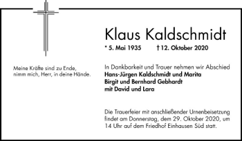 Traueranzeige von Klaus Kaldschmidt von Bergsträßer Anzeiger