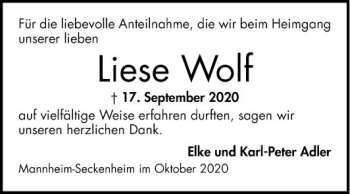 Traueranzeige von Liese Wolf von Mannheimer Morgen