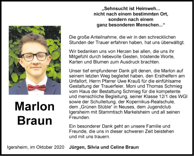  Traueranzeige für Marlon Braun vom 17.10.2020 aus Fränkische Nachrichten