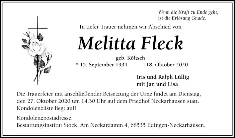  Traueranzeige für Melitta Fleck vom 24.10.2020 aus Mannheimer Morgen