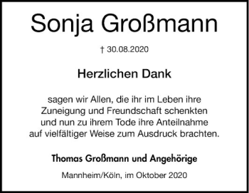 Traueranzeige von Sonja Großmann von Mannheimer Morgen