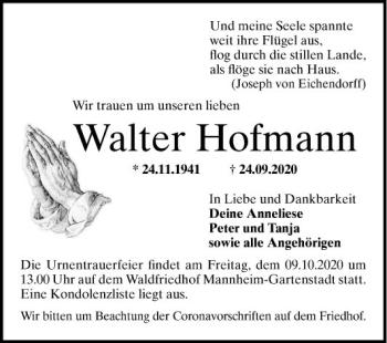 Traueranzeige von Walter Hofmann von Mannheimer Morgen