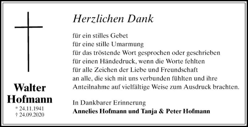  Traueranzeige für Walter Hofmann vom 31.10.2020 aus Mannheimer Morgen