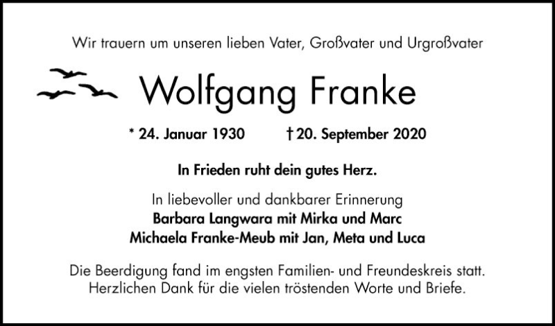  Traueranzeige für Wolfgang Franke vom 24.10.2020 aus Bergsträßer Anzeiger