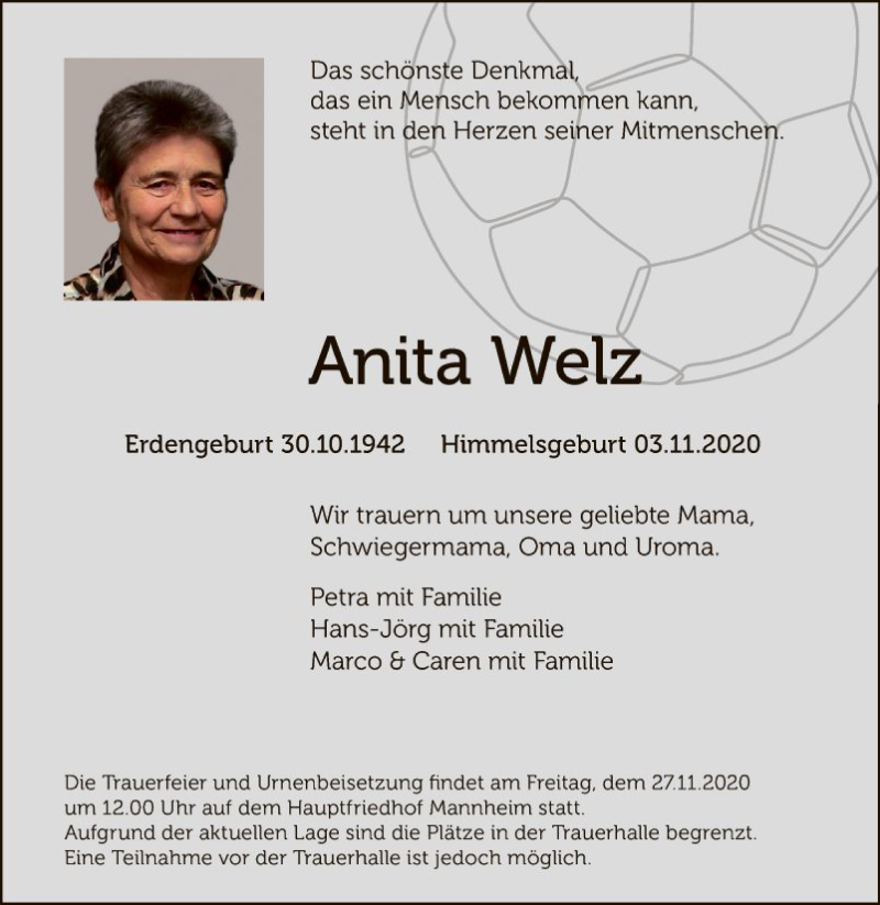  Traueranzeige für Anita Welz vom 14.11.2020 aus Mannheimer Morgen