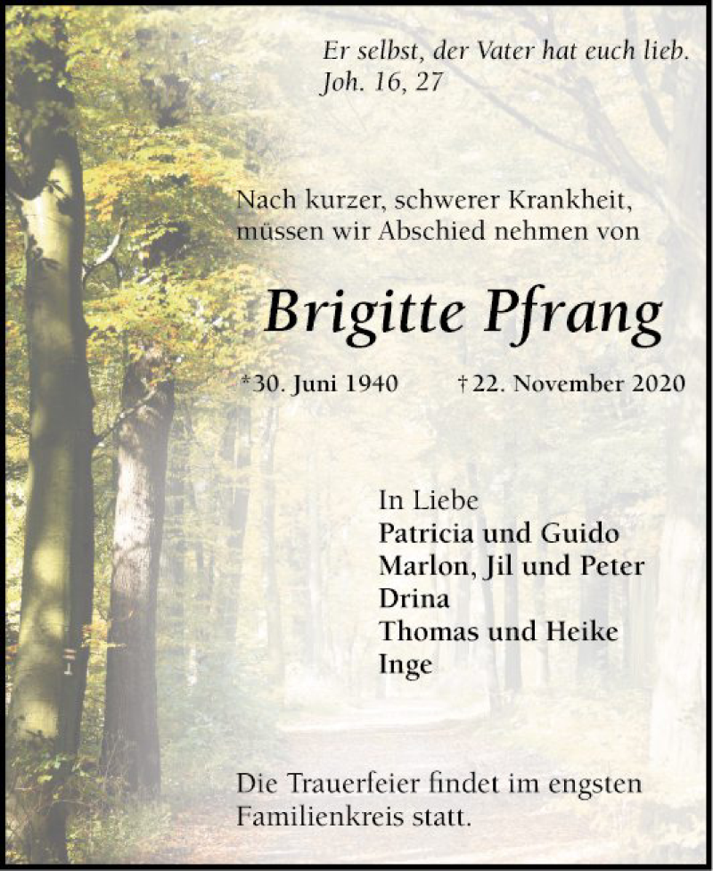  Traueranzeige für Brigitte Pfrang vom 28.11.2020 aus Mannheimer Morgen